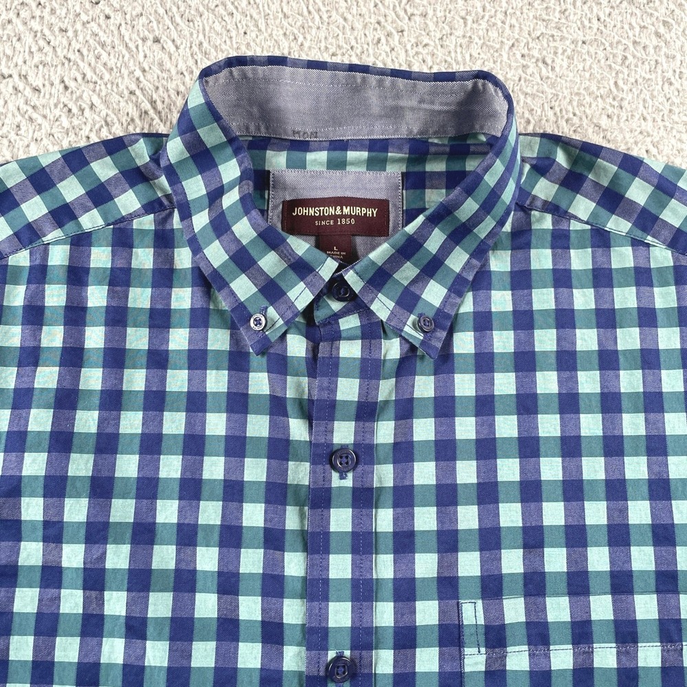Johnston & Murphy Button Down Mens L Blue Green Gingham Check Shirt Long Sleeve